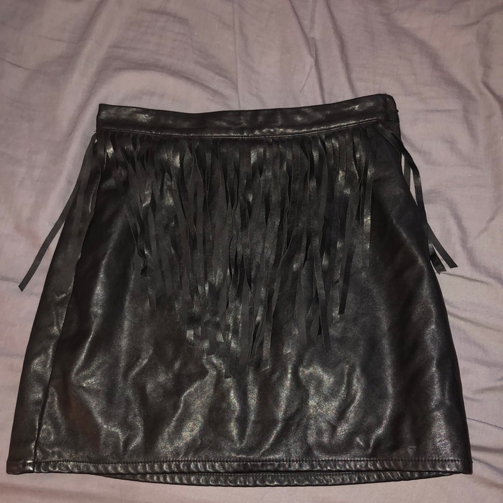 Faux Black Leather Fringe Mini Skirt